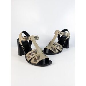 Bottega Veneta Embroidered Intrecciato Leather Block Heel Sandals Cream 35.5